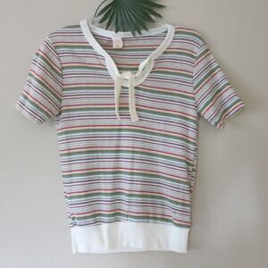 VINTAGE 1970's JOEY JOE Top Crop Size L Tie at Neck Striped Green/Multicolor